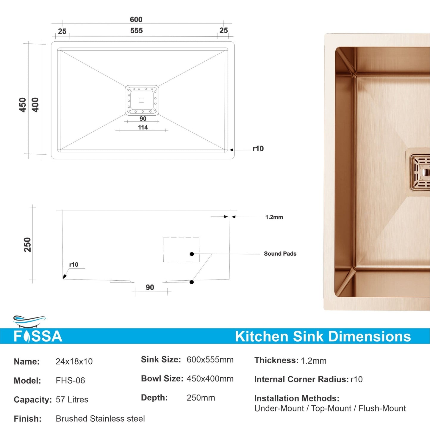 Fossa 24"x18"x10" Inch Single Bowl SS - 304 Grade Stainless Steel Handmade Kitchen Sink Rose Gold - Fossa Home