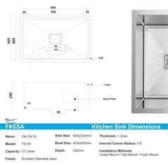 Fossa 24"x18"x10" Inch Single Bowl SS - 304 Grade Stainless Steel Handmade Kitchen Sink Silver - Fossa Home