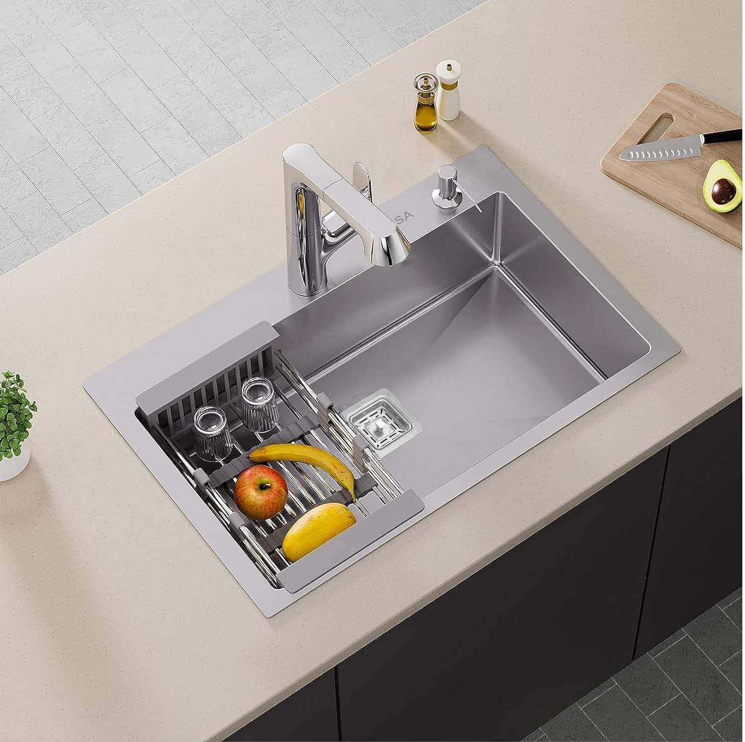 Fossa 24"x18"x10" Inch Single Bowl Tap Hole 304 Grade With Soap Dispenser Stainless steel Handmade Kitchen Sink ( Silver ) - Fossa Home