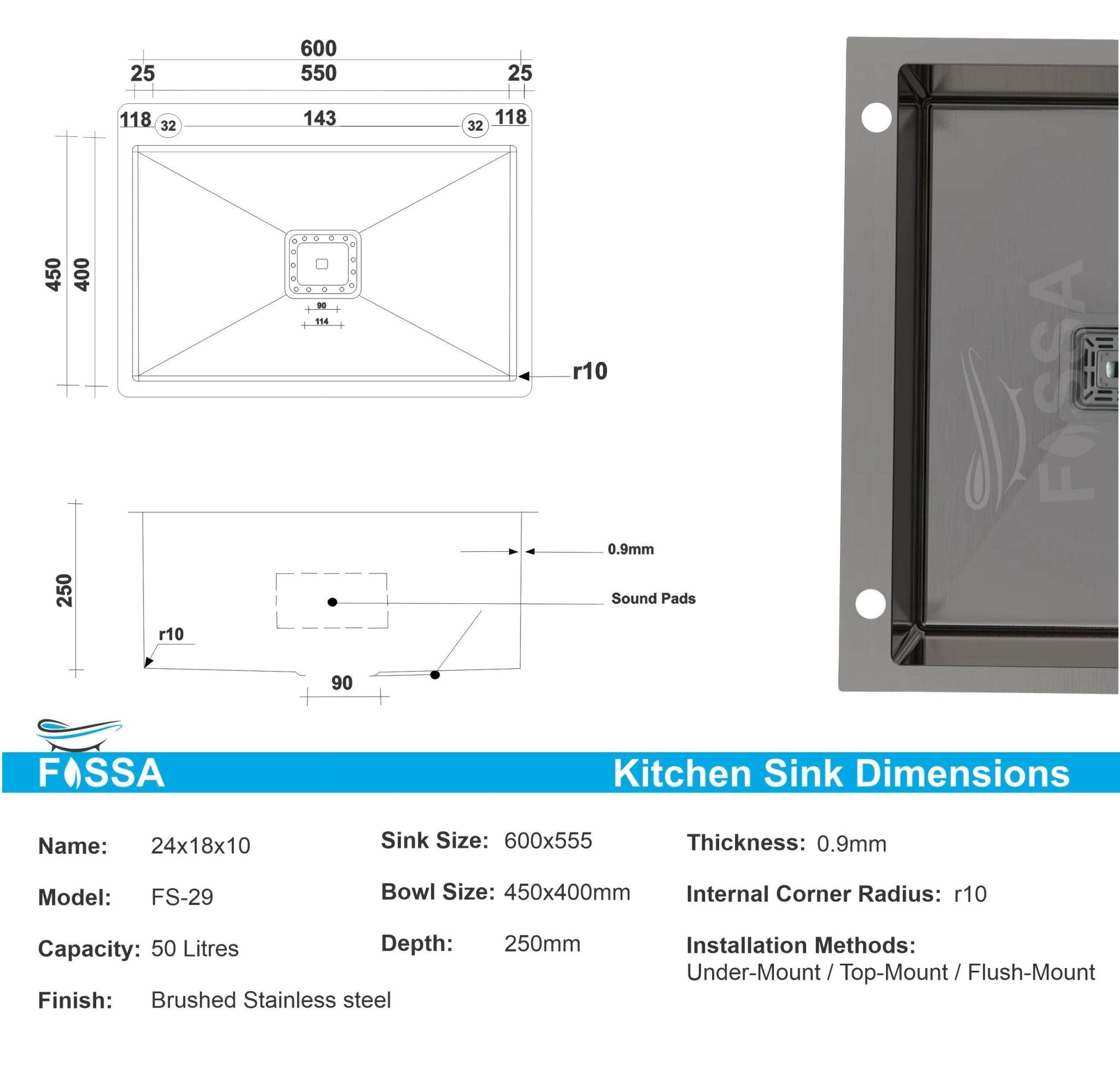 Fossa 24"x18"x10" Inch Single Bowl With Side Tap Hole Premium Handmade Kitchen Sink Black - Fossa Home