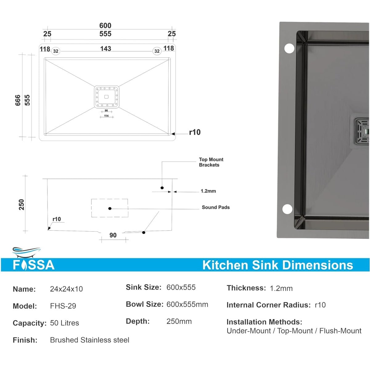 Fossa 24"x18"x10" Inch Single Bowl With Side Tap Hole SS - 304 grade Handmade Kitchen Sink Black - Fossa Home