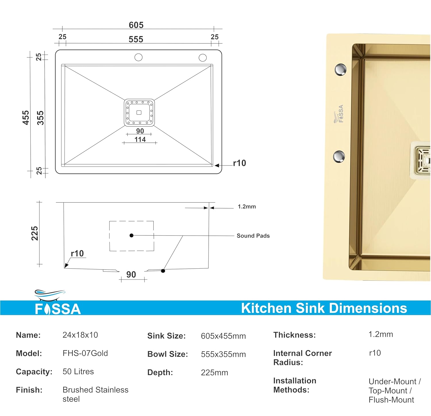 Fossa 24"x18"x10" Inch Single Bowl With Tap Hole 304 Grade Stainless Steel Handmade Kitchen Sink (Matte Finish) Gold - Fossa Home