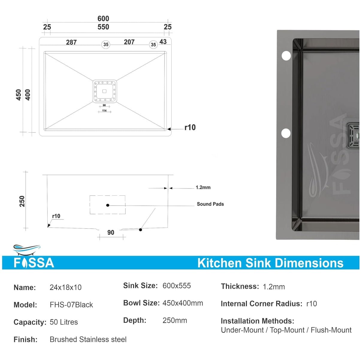 Fossa 24"x18"x10" Inch Single Bowl With Tap Hole Premium Handmade Kitchen Sink Black - Fossa Home