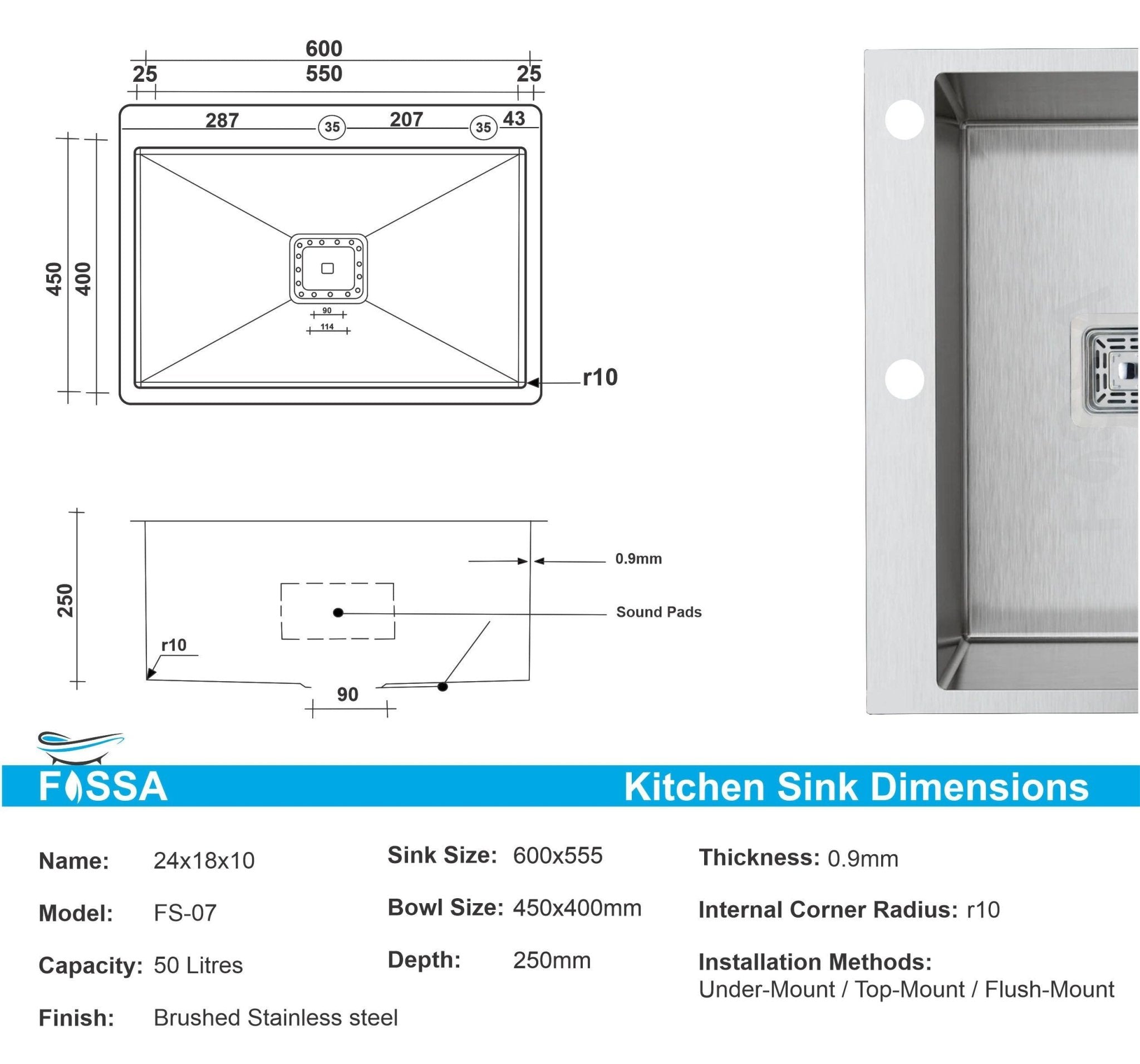 Fossa 24"x18"x10" Inch Single Bowl With Tap Hole Premium Handmade Kitchen Sink Silver - Fossa Home