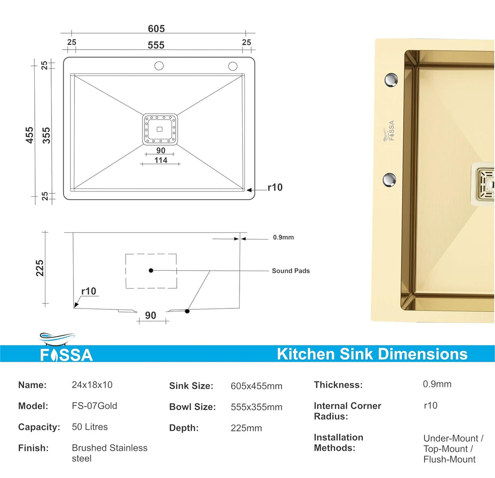 Fossa 24"x18"x10" Inch Single Bowl With Tap Hole Premium Stainless Steel Handmade Kitchen Sink (Matte Finish) Gold - Fossa Home