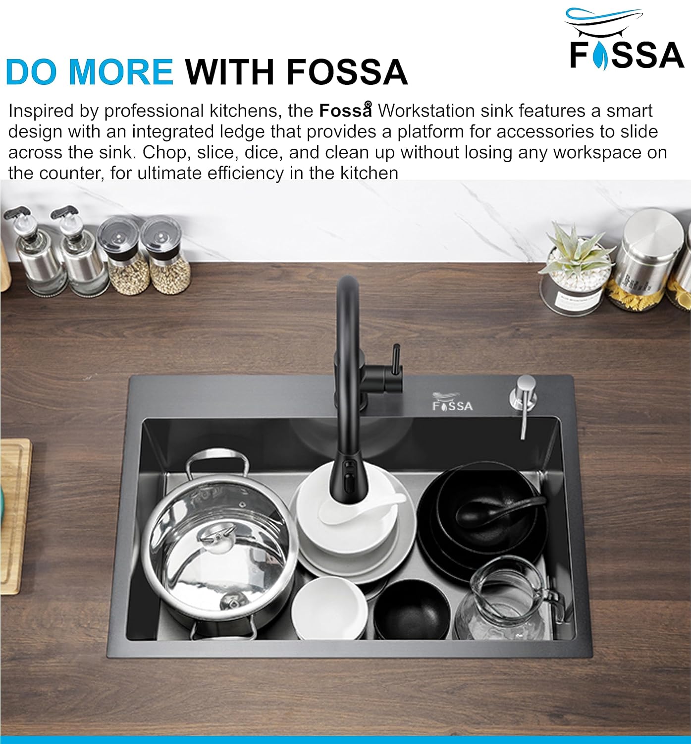 Fossa 24"x18"x10" Inch Single Bowl With Tap Hole SS - 304 Grade Handmade Kitchen Sink Black - Fossa Home