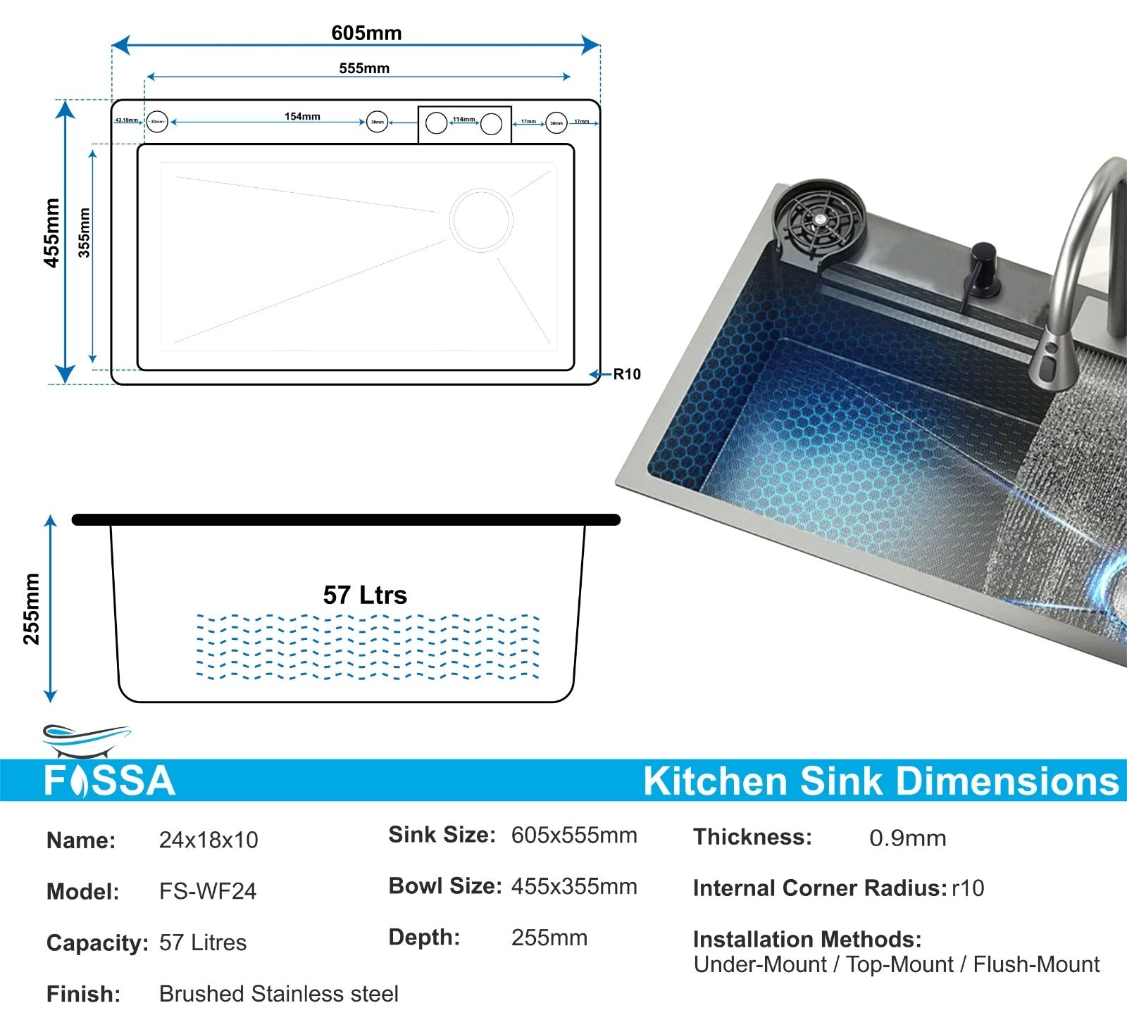 Fossa 24"x18"x10" inch Waterfall Premium Nano Kitchen Sink with Integrated Pull Out Mixer Faucet & Complete Set - Fossa Home