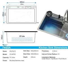 Fossa 24"x18"x10" inch Waterfall Premium Nano Kitchen Sink with Integrated Pull Out Mixer Faucet & Complete Set - Fossa Home