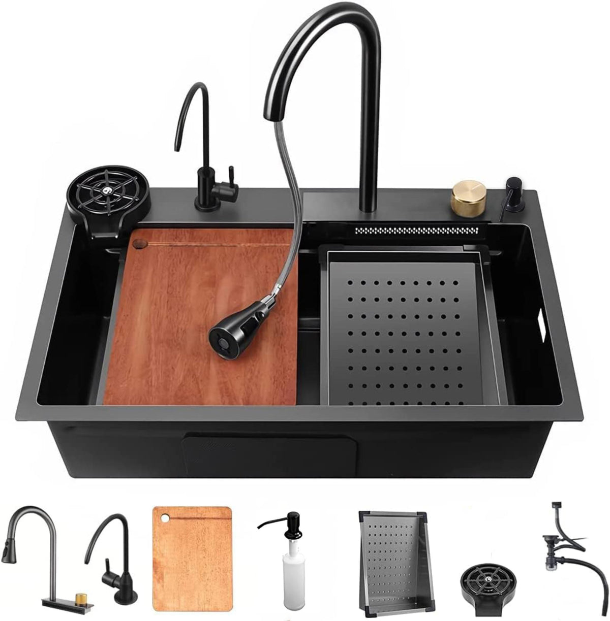 Fossa 24"x18"x10" inch Waterfall Premium Nano Kitchen Sink with Integrated Pull Out Mixer Faucet & Complete Set - Fossa Home