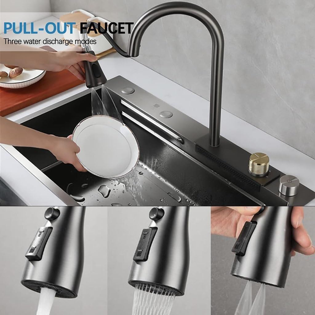 Fossa 24"x18"x10" inch Waterfall SS - 304 Grade Nano Kitchen Sink with Integrated Pull Out Mixer Faucet & Complete Set - Fossa Home