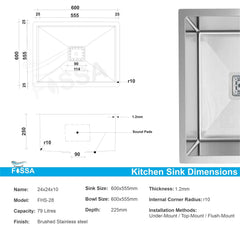 Fossa 24"x24"x10" Inch Single Bowl SS - 304 Grade Stainless Steel Handmade Kitchen Sink Silver - Fossa Home