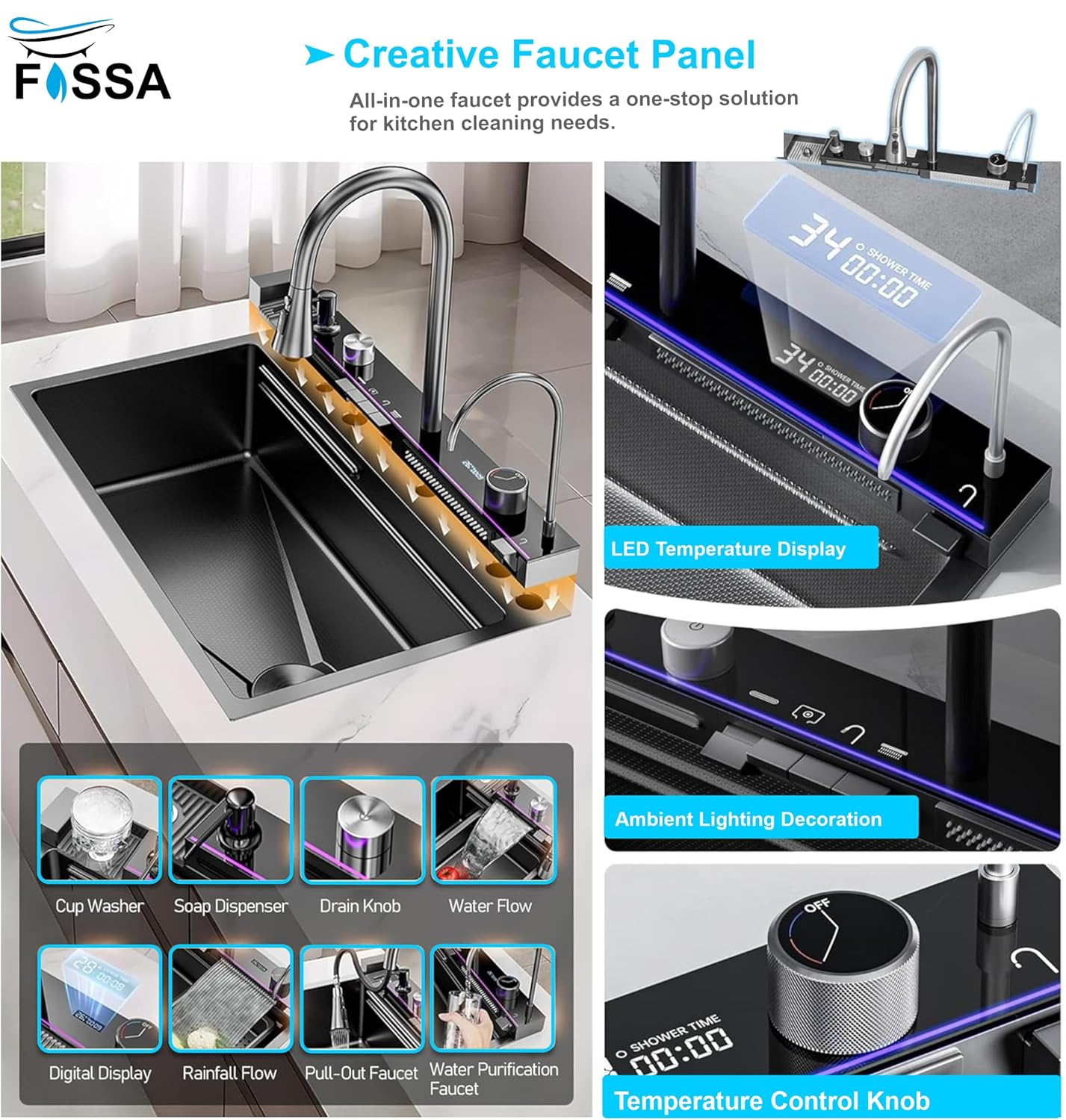 Fossa 27"x18"X09" Inch Piano 304 Grade Waterfall Stainless Steel Sink with LED Pannel and Touchscreen Digital Display - Nano Black Finish with All Accessories - Fossa Home