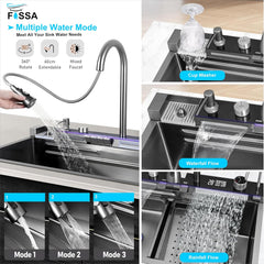 Fossa 27"x18"X09" Inch Piano 304 Grade Waterfall Stainless Steel Sink with LED Pannel and Touchscreen Digital Display - Nano Black Finish with All Accessories - Fossa Home