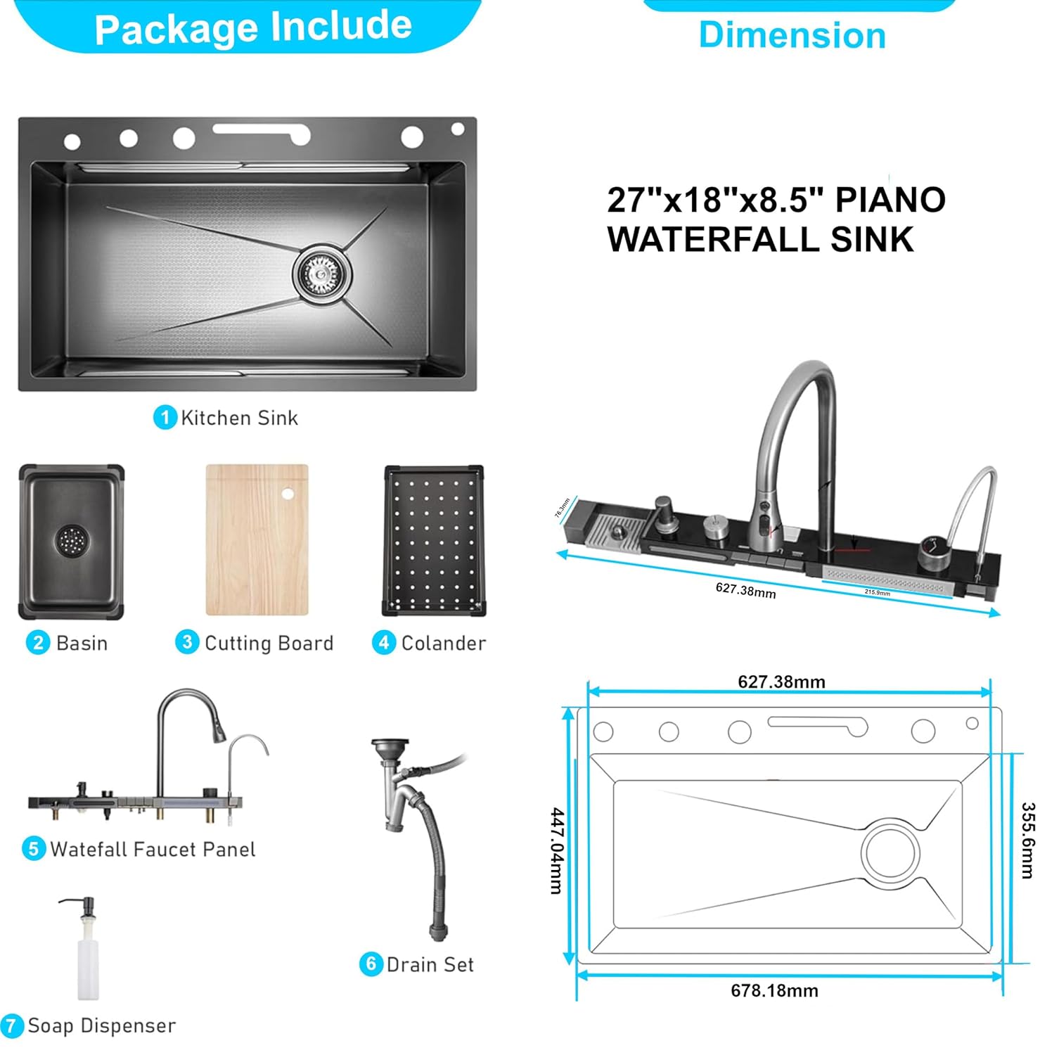 Fossa 27"x18"X09" Inch Piano 304 Grade Waterfall Stainless Steel Sink with LED Pannel and Touchscreen Digital Display - Nano Black Finish with All Accessories - Fossa Home