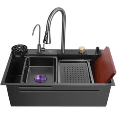 Fossa 27"x18"x10" inch Single Bowl Premium Waterfall Kitchen Sink Honeycomb Embossed Sink with White Nano Coating, Stainless Steel, Rectangular Workstation, faucet With all Accessories. - Fossa Home