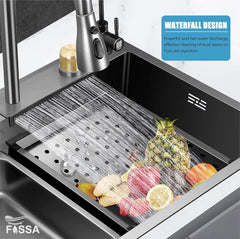 Fossa 27"x18"x10" inch Single Bowl Premium Waterfall Kitchen Sink Honeycomb Embossed Sink with White Nano Coating, Stainless Steel, Rectangular Workstation, faucet With all Accessories. - Fossa Home