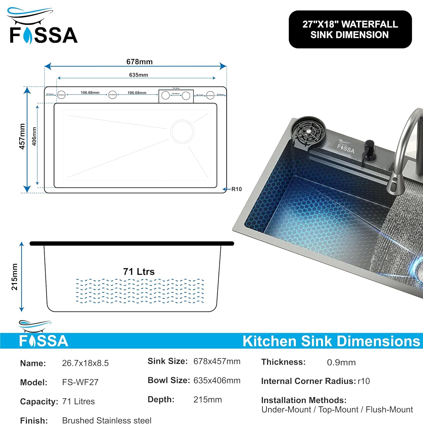 Fossa 27"x18"x10" inch Single Bowl Premium Waterfall Kitchen Sink Honeycomb Embossed Sink with White Nano Coating, Stainless Steel, Rectangular Workstation, faucet With all Accessories. - Fossa Home