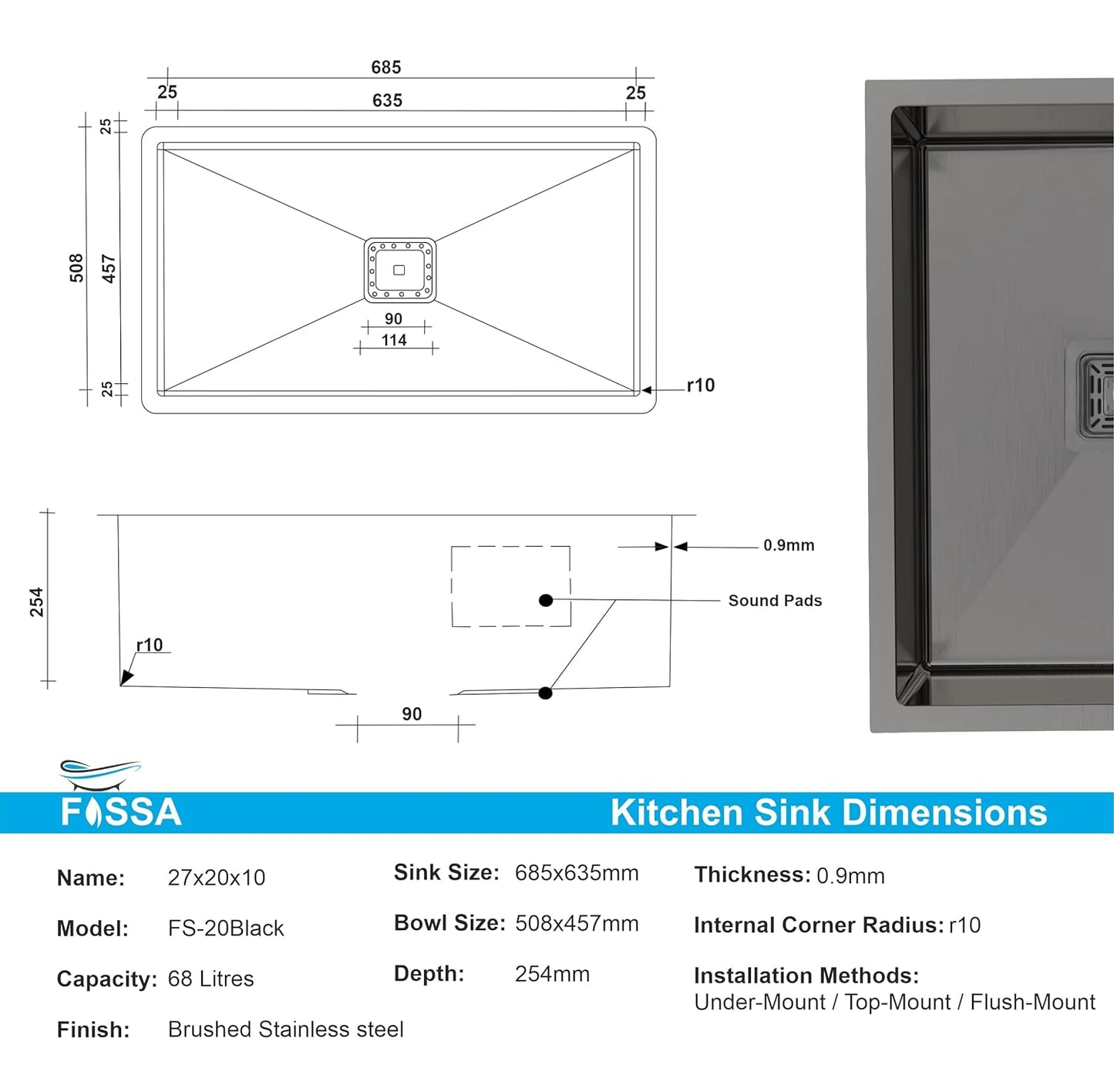 Fossa 27"x20"x10" Inch Single Bowl Premium Stainless Steel Handmade Kitchen Sink Black - Fossa Home