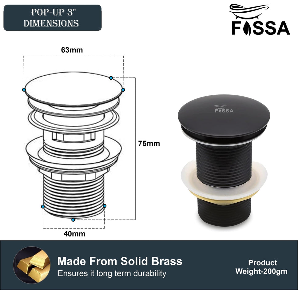 Fossa 3" Inch Brass Pop Up Waste Coupling with Smooth Push Button,Waste Coupling,Drain Out let System Pop up Full Threaded Waste Coupling (Black) - Fossa Home