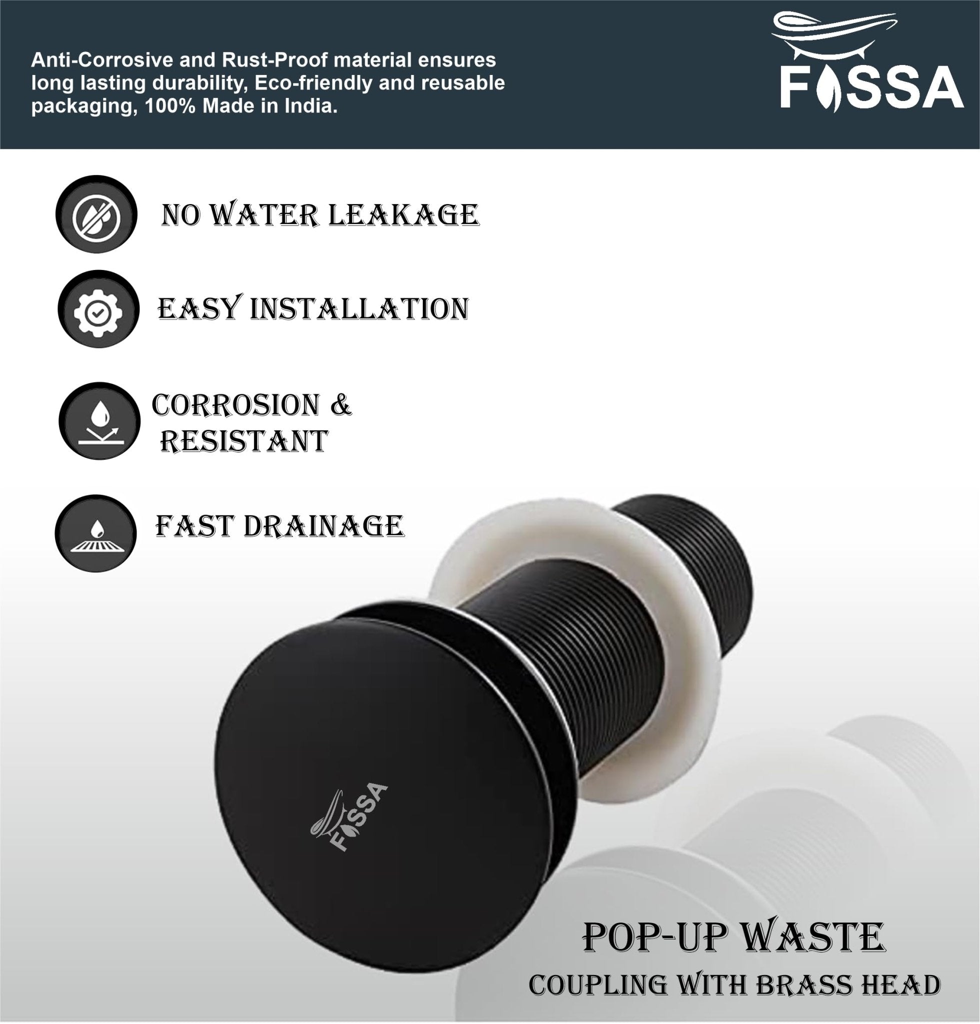 Fossa 3" Inch Brass Pop Up Waste Coupling with Smooth Push Button,Waste Coupling,Drain Out let System Pop up Full Threaded Waste Coupling (Black) - Fossa Home