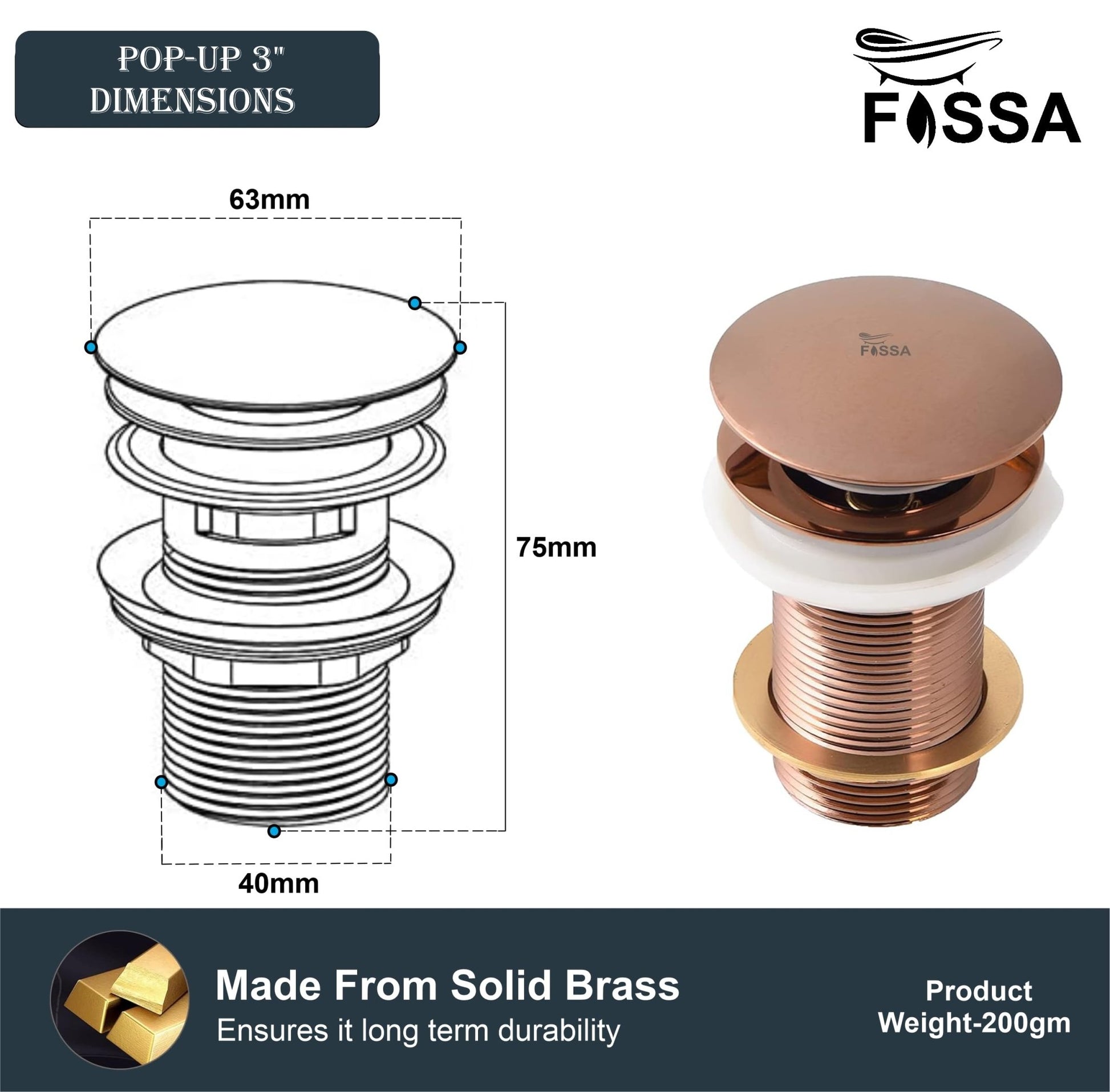 Fossa 3" Inch Brass Pop Up Waste Coupling with Smooth Push Button,Waste Coupling,Drain Out let System Pop up Full Threaded Waste Coupling (Copper) - Fossa Home