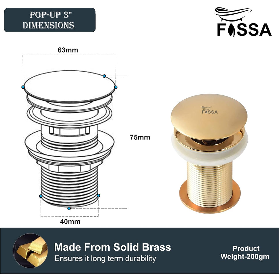 Fossa 3" Inch Brass Pop Up Waste Coupling with Smooth Push Button,Waste Coupling,Drain Out let System Pop up Full Threaded Waste Coupling (Gold) - Fossa Home