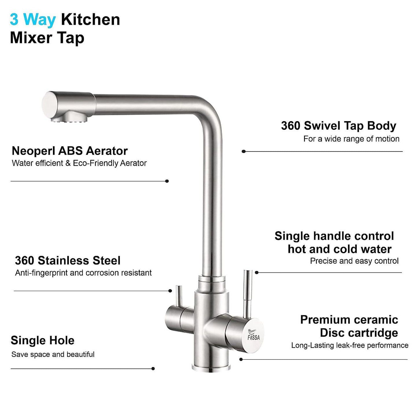 Fossa 3 Way Kitchen Mixer Taps with Drinking Water Filter Tap, Solid Stainless Steel Dual Handle Cold and Hot Water Kitchen Mixer ( Silver ) - Fossa Home