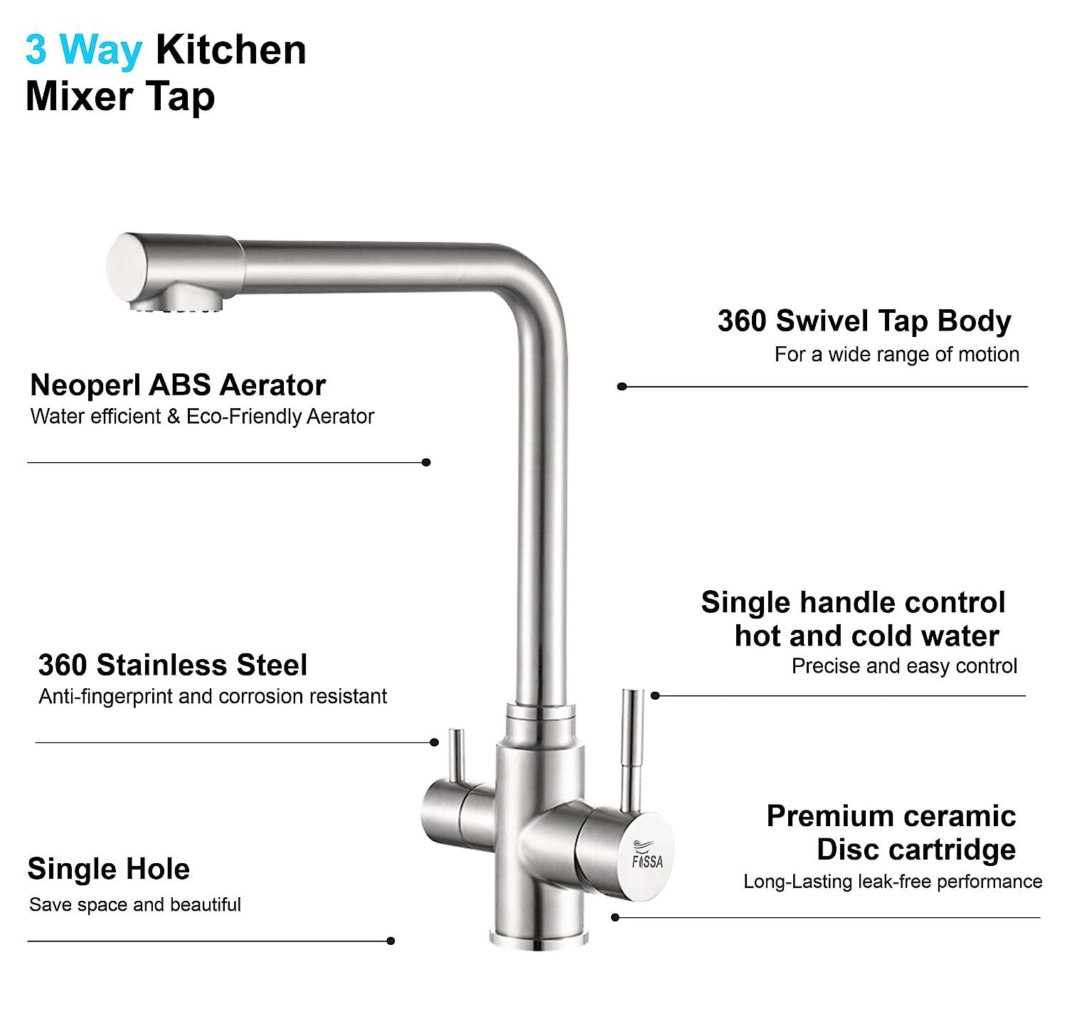 Fossa 3 Way Kitchen Mixer Taps with Drinking Water Filter Tap, Solid Stainless Steel Dual Handle Cold and Hot Water Kitchen Mixer ( Silver ) - Fossa Home