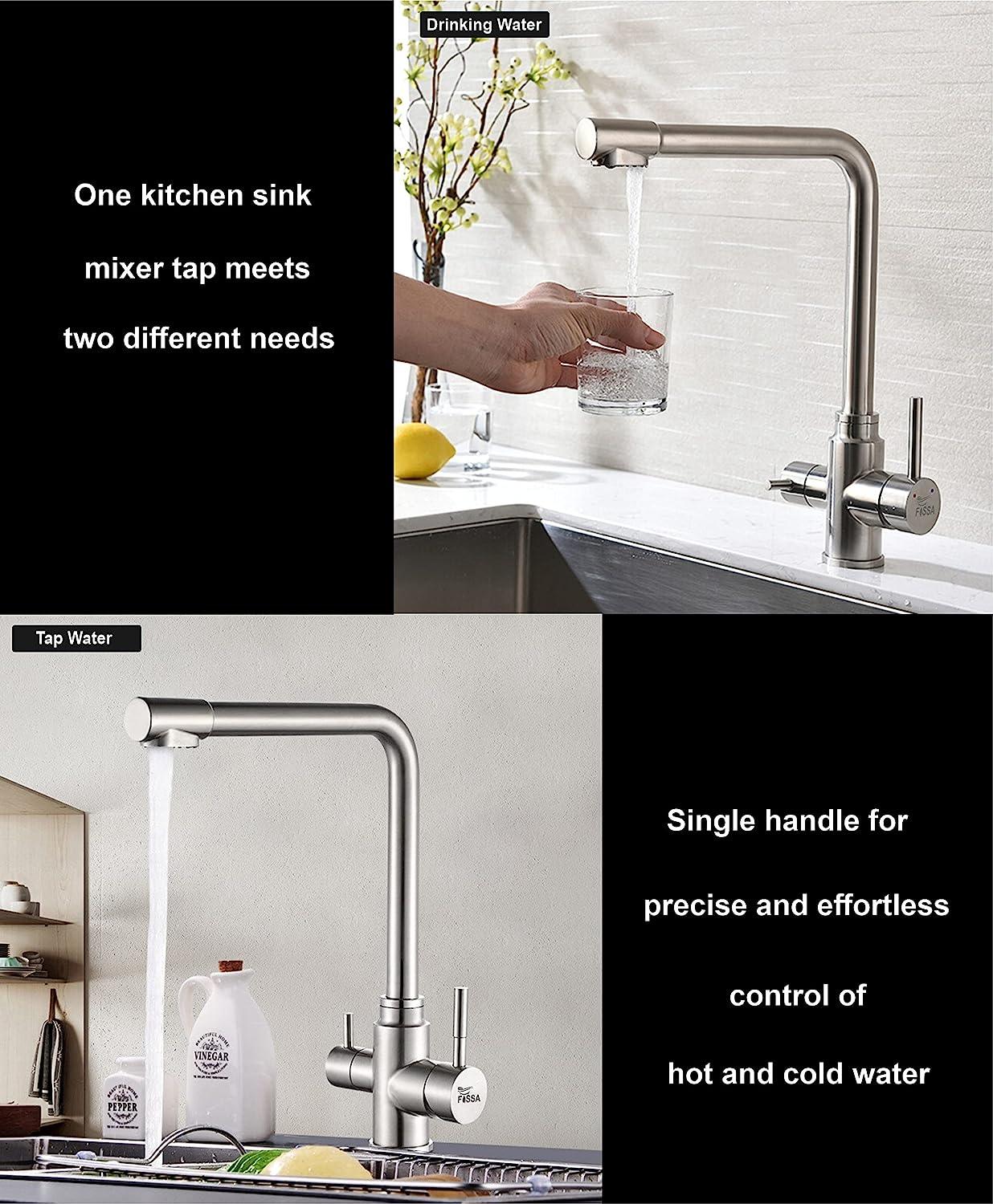 Fossa 3 Way Kitchen Mixer Taps with Drinking Water Filter Tap, Solid Stainless Steel Dual Handle Cold and Hot Water Kitchen Mixer ( Silver ) - Fossa Home