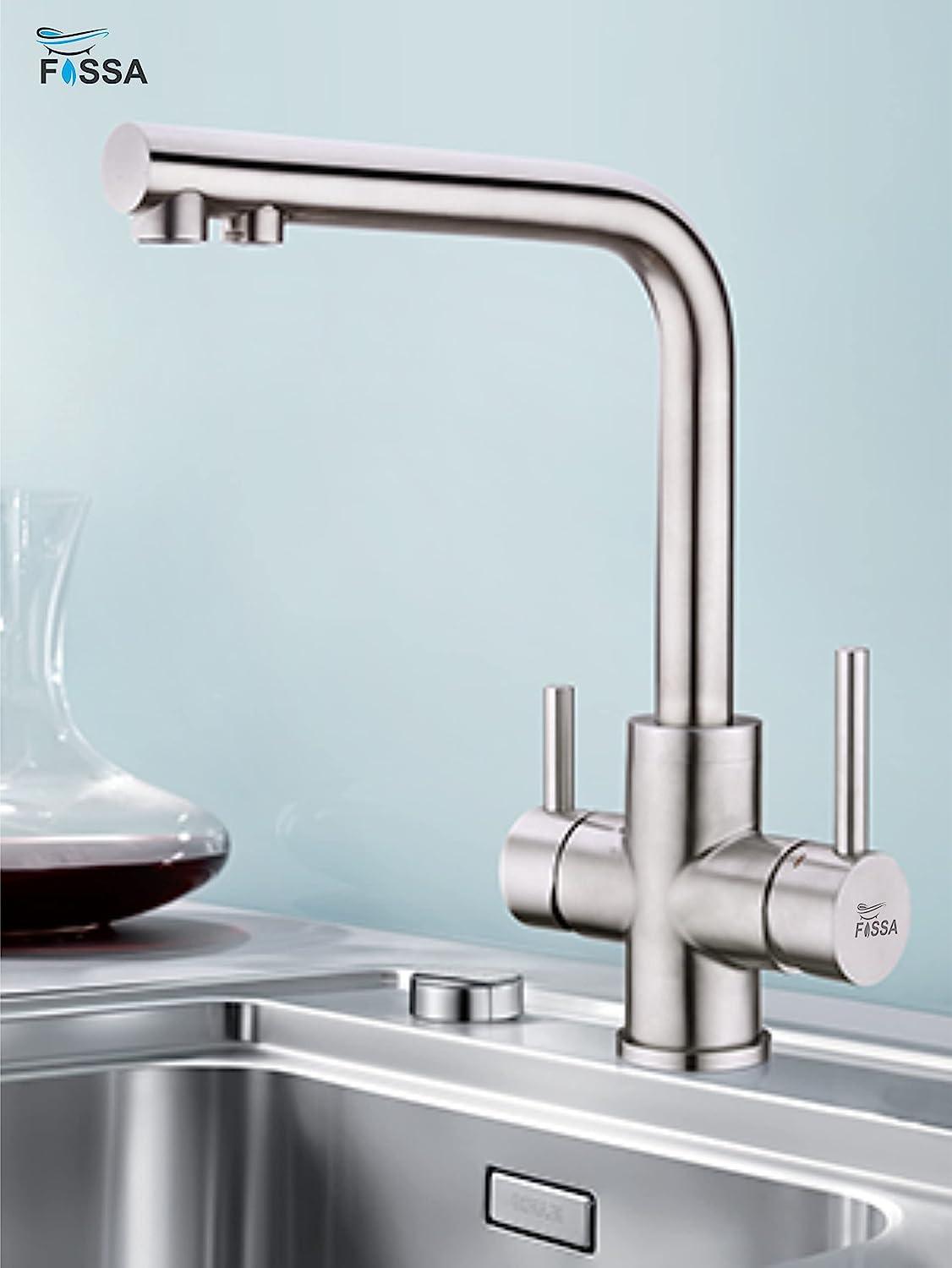 Fossa 3 Way Kitchen Mixer Taps with Drinking Water Filter Tap, Solid Stainless Steel Dual Handle Cold and Hot Water Kitchen Mixer ( Silver ) - Fossa Home