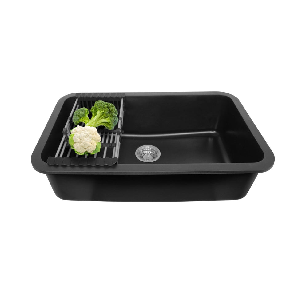 Fossa 30"x18"x09" Inch Granite Quartz Kitchen Sink Single Bowl with Basket, Coupling, Waste Pipe Quartz German Engineered Technology Kitchen Sink Easy - to - Clean Sink (Black) - Fossa Home