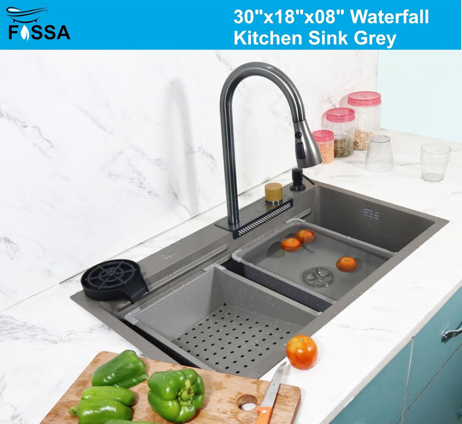 Fossa 30"x18"x09" Single Bowl 304 Grade Waterfall Kitchen Sink Honeycomb Embossed Sink with Black Nano Coating, Stainless Steel, Rectangular Workstation, Faucet with Included All Accessories. (Grey) - Fossa Home