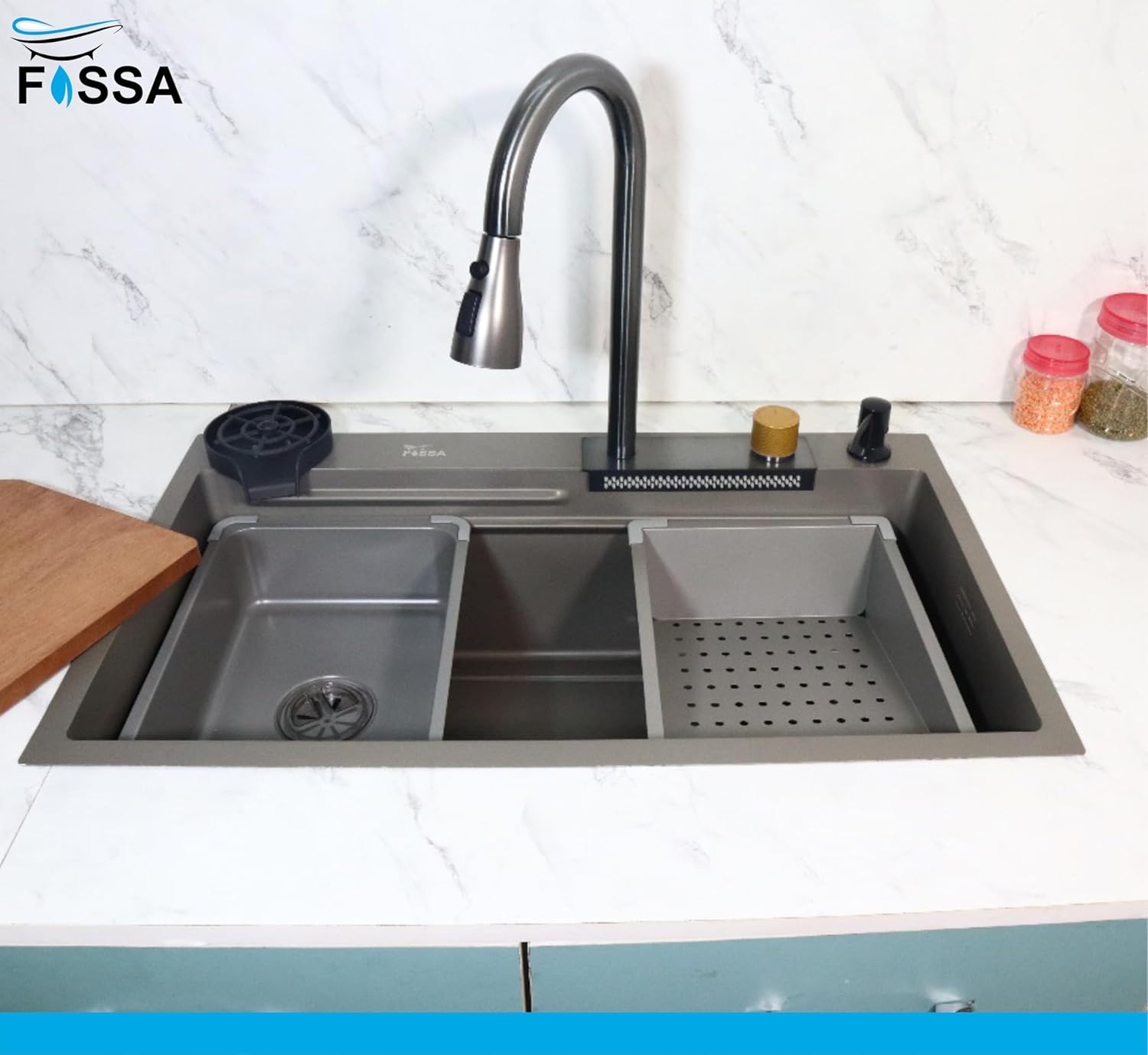 Fossa 30"x18"x09" Single Bowl 304 Grade Waterfall Kitchen Sink Honeycomb Embossed Sink with Black Nano Coating, Stainless Steel, Rectangular Workstation, Faucet with Included All Accessories. (Grey) - Fossa Home