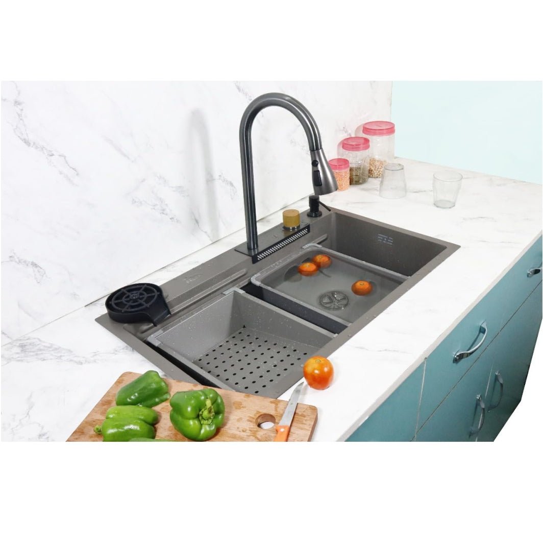 Fossa 30"x18"x09" Single Bowl 304 Grade Waterfall Kitchen Sink Honeycomb Embossed Sink with Black Nano Coating, Stainless Steel, Rectangular Workstation, Faucet with Included All Accessories. (Grey) - Fossa Home