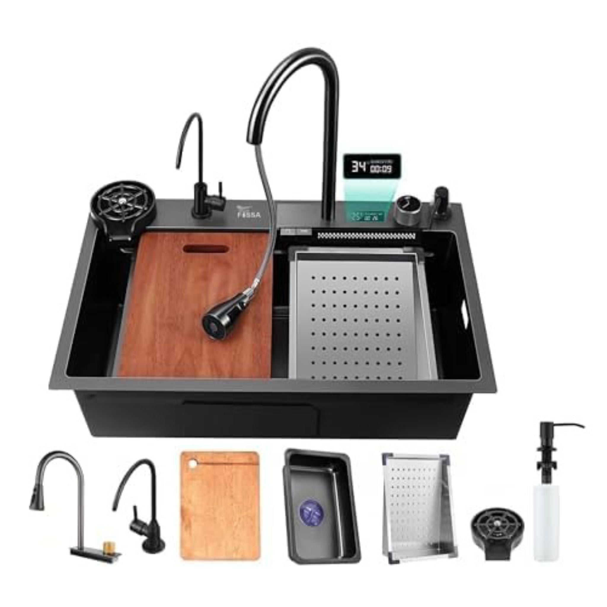 Fossa 30"x18"x10" inch Fully Equipped 304 Grade Kitchen Sink with Integrated Waterfall and Pull - down Faucets - Stainless Steel Sink with LED Pannel and Touchscreen Digital Display - Nano Black Finish with All Accessories - Fossa Home