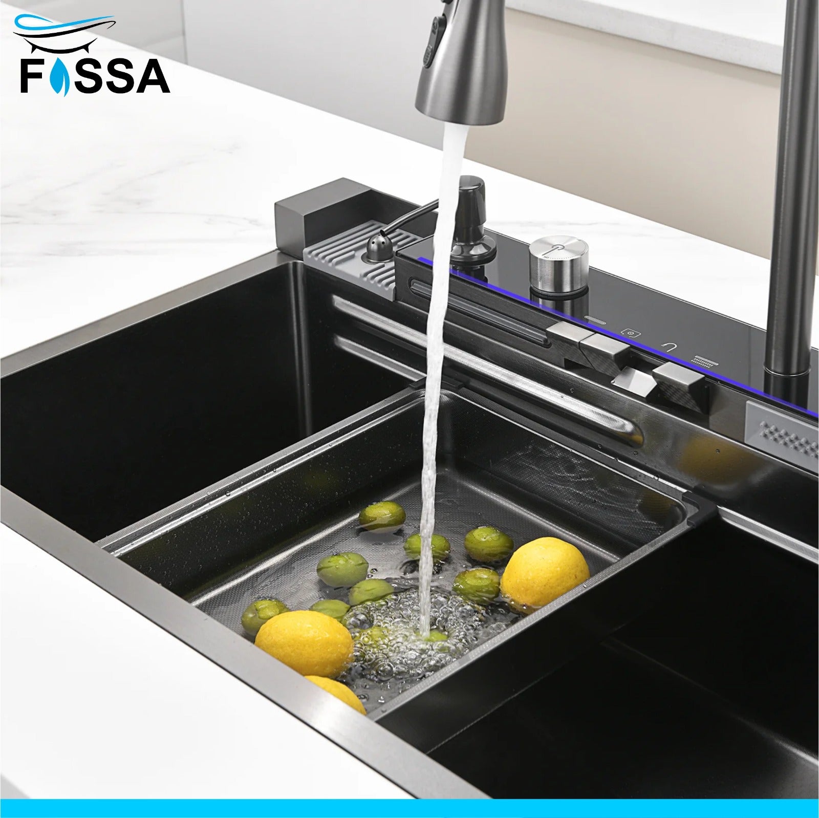 Fossa 30"x18"x10" inch Piano Fully Equipped Kitchen Sink with Integrated Waterfall and Pull - down Faucets - Premium Stainless Steel Sink with LED Pannel and Digital Display - Nano Black Finish - Fossa Home