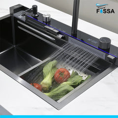 Fossa 30"x18"x10" inch Piano Fully Equipped Kitchen Sink with Integrated Waterfall and Pull - down Faucets - Premium Stainless Steel Sink with LED Pannel and Digital Display - Nano Black Finish - Fossa Home