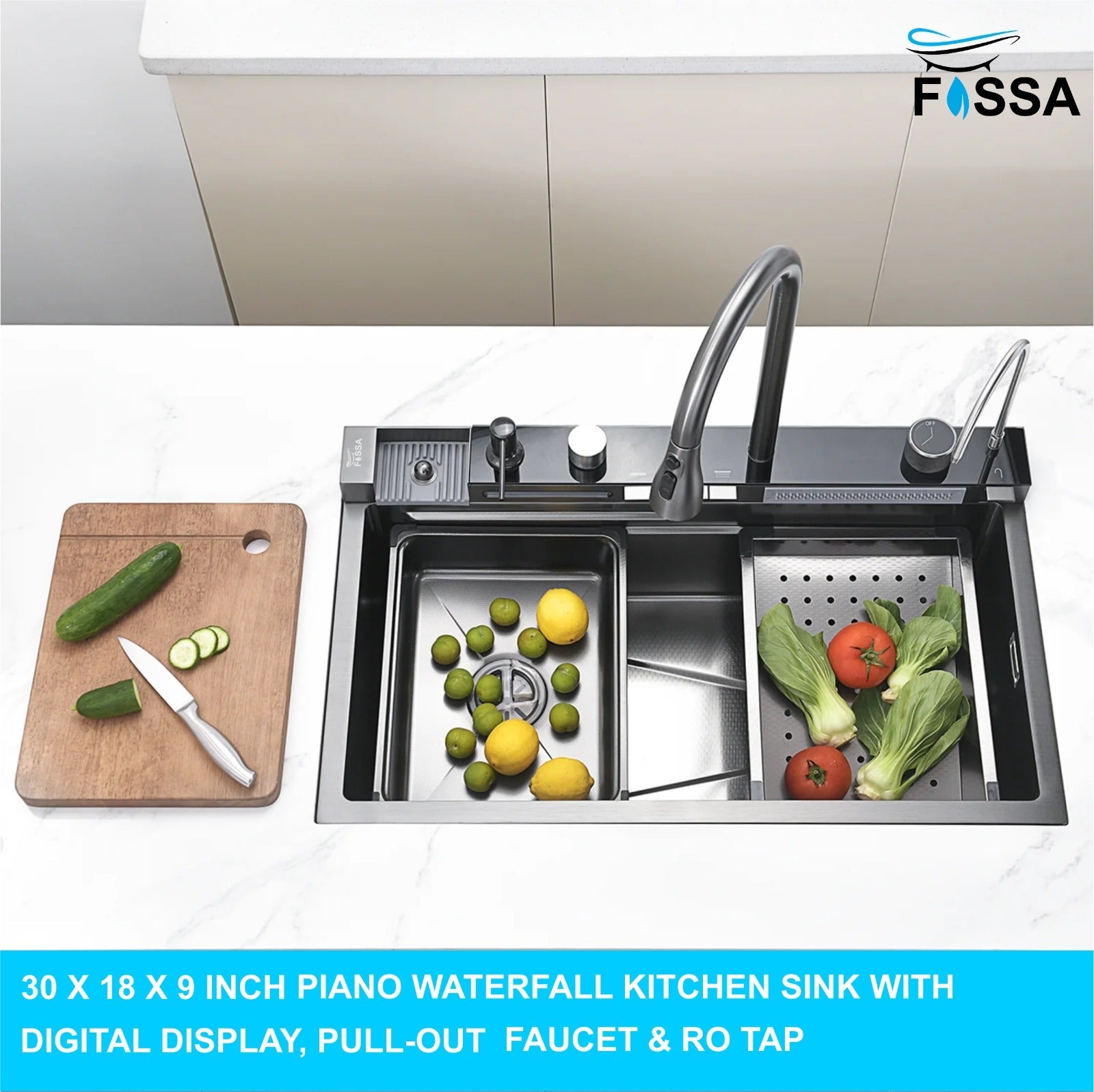 Fossa 30"x18"x10" inch Piano Fully Equipped Kitchen Sink with Integrated Waterfall and Pull - down Faucets - Premium Stainless Steel Sink with LED Pannel and Digital Display - Nano Black Finish - Fossa Home