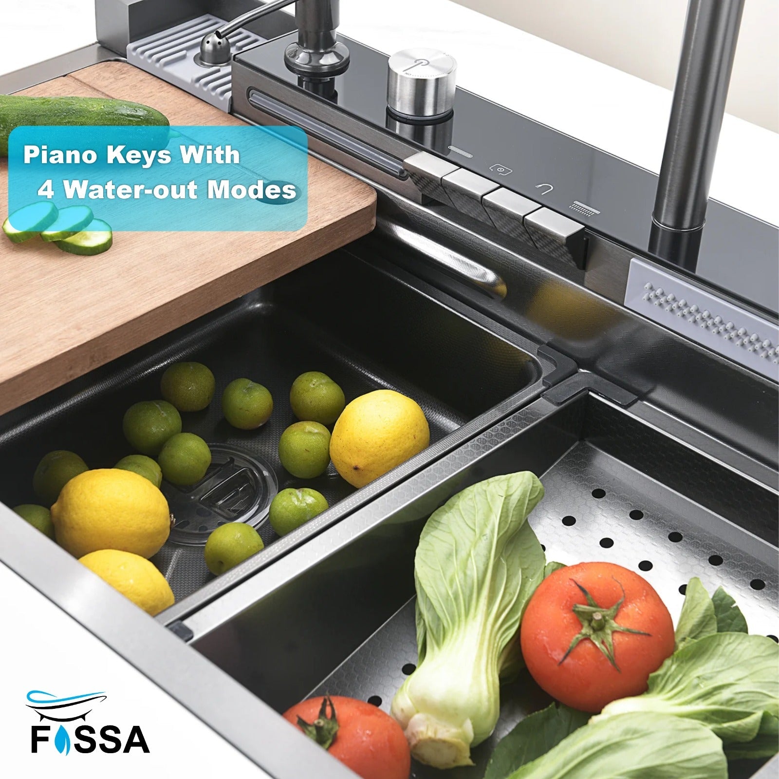 Fossa 30"x18"x10" inch Piano Fully Equipped Kitchen Sink with Integrated Waterfall and Pull - down Faucets - Premium Stainless Steel Sink with LED Pannel and Digital Display - Nano Black Finish - Fossa Home