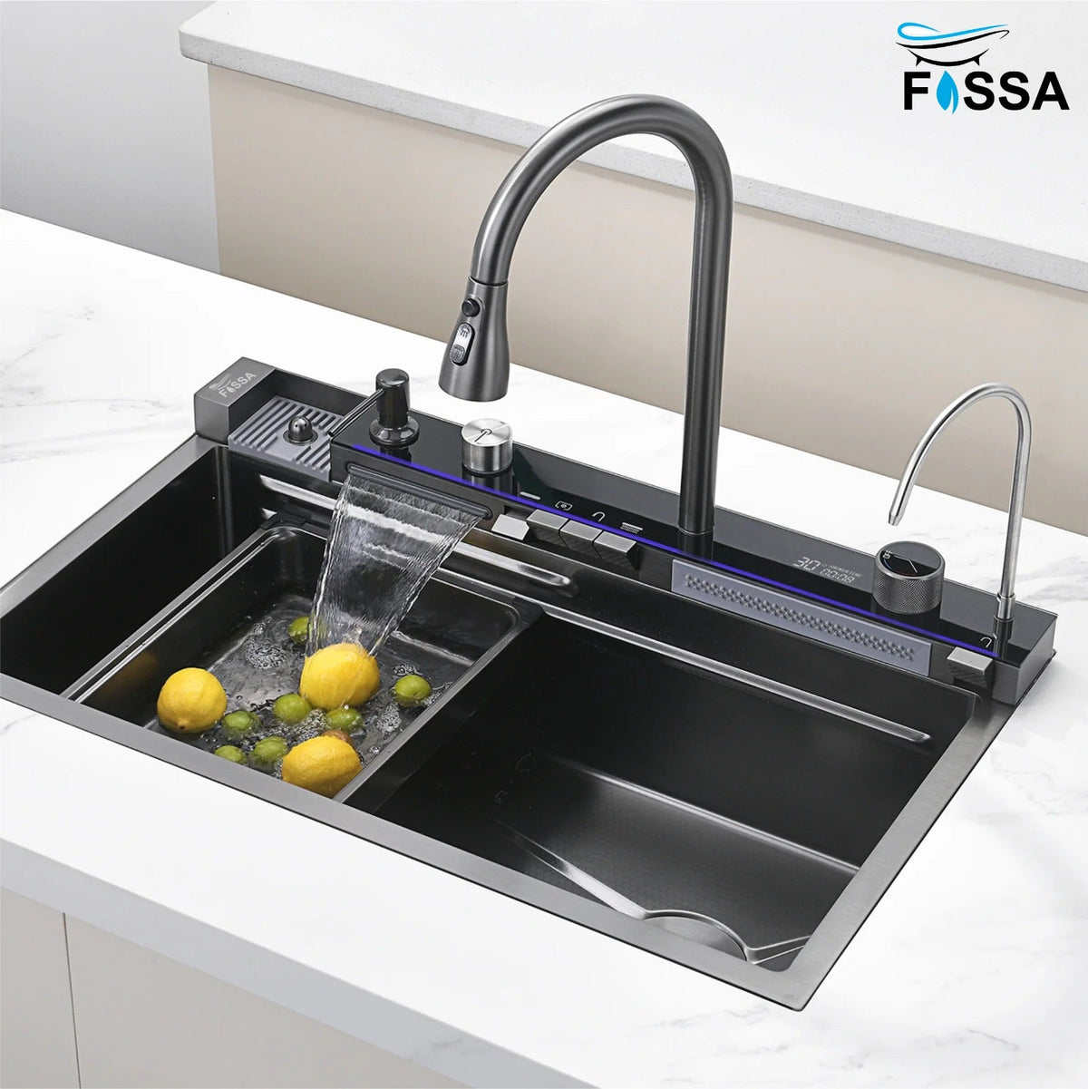 Fossa 30"x18"x10" inch Piano Fully Equipped Kitchen Sink with Integrated Waterfall and Pull - down Faucets - Premium Stainless Steel Sink with LED Pannel and Digital Display - Nano Black Finish - Fossa Home