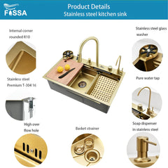 Fossa 30"x18"x10" inch Single Bowl 304 grade Waterfall Kitchen Sink Honeycomb Embossed Sink with White Nano Coating, Stainless Steel, Rectangular Workstation, faucet With all Accessories.Gold - Fossa Home