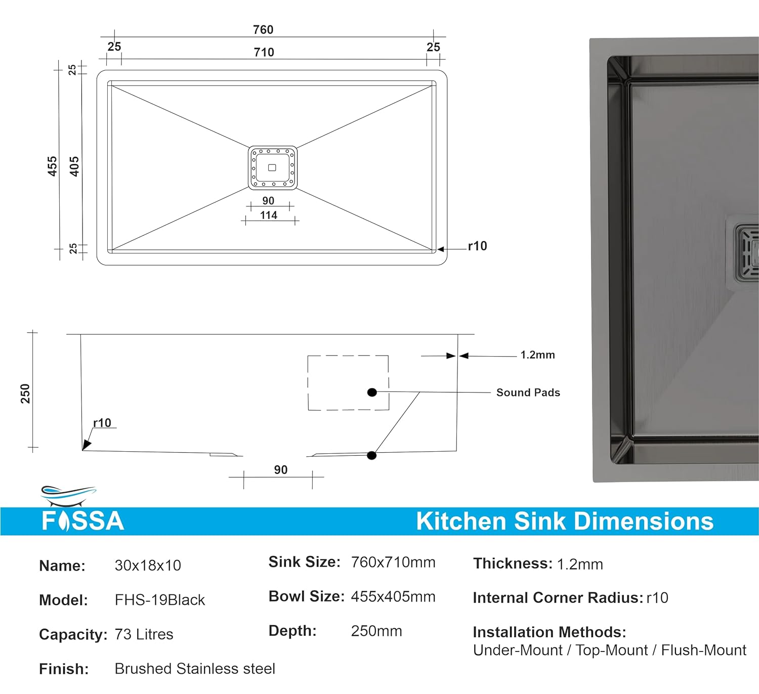 Fossa 30"x18"x10" Inch Single Bowl Premium Stainless Steel Handmade Kitchen Sink (Matte Finish) Black - Fossa Home