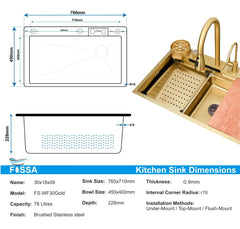 Fossa 30"x18"x10" inch Single Bowl Premium Waterfall Kitchen Sink Honeycomb Embossed Sink with White Nano Coating, Stainless Steel, Rectangular Workstation, faucet With all Accessories.Gold - Fossa Home