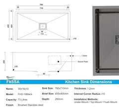 Fossa 30"x18"x10" inch Single Bowl SS - 304 Grade Stainless Steel Handmade Kitchen Sink (Matte Finish) Black - Fossa Home