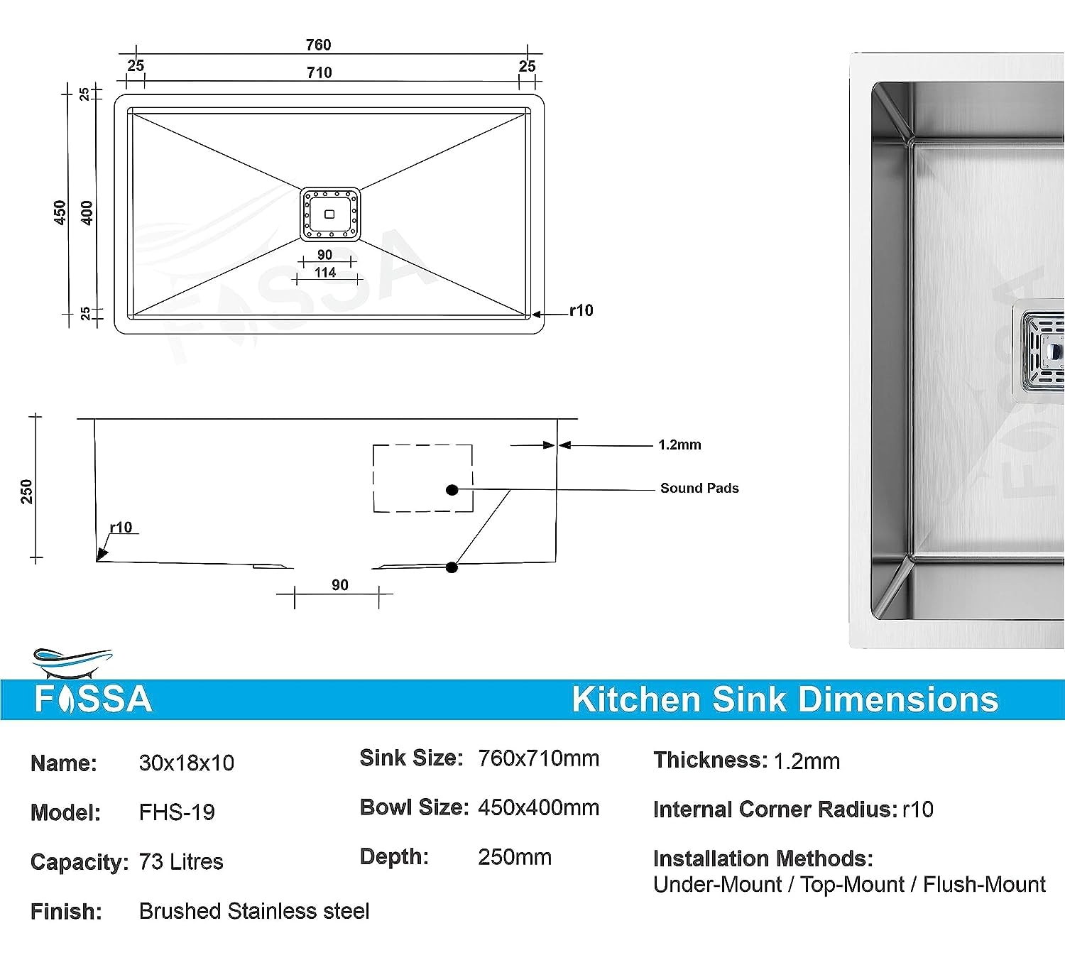 Fossa 30"x18"x10" Inch Single Bowl SS - 304 Grade Stainless Steel Handmade Kitchen Sink Silver - Fossa Home