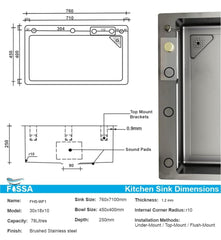 FOSSA 30"x18"x10" inch SS - 304 Grade Stainless Steel Handmade Single Bowl With Water Fall Kitchen Sink, Matte Finish - Fossa Home