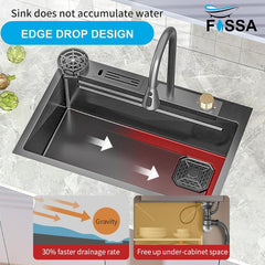 Fossa 30"x18"x10" inch Stainless Steel SS - 304 Handmade Single Bowl WaterFall Kitchen Sink With Stand Matte Finish - Fossa Home