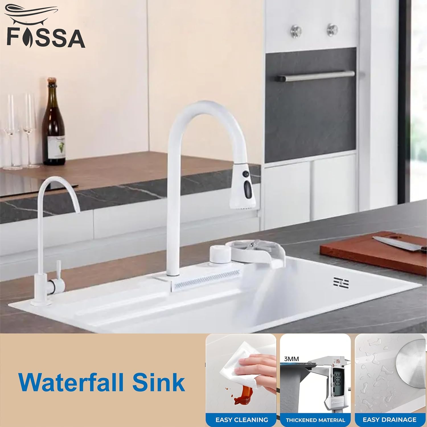 Fossa 30"x18"x10" inch Waterfall Premium Kitchen Sink with Integrated Waterfall Mode and Pull down Faucet with Steel Tray, Fruit Basket, and Complete Accessories Set - (White) - Fossa Home