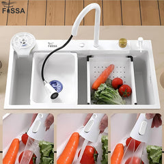 Fossa 30"x18"x10" inch Waterfall Premium Kitchen Sink with Integrated Waterfall Mode and Pull down Faucet with Steel Tray, Fruit Basket, and Complete Accessories Set - (White) - Fossa Home