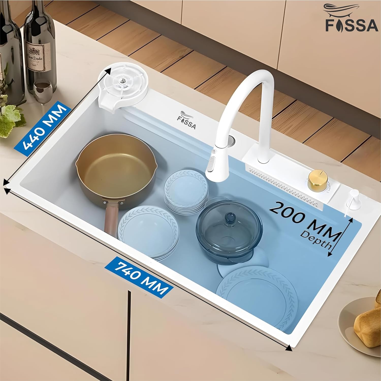 Fossa 30"x18"x10" inch Waterfall Premium Kitchen Sink with Integrated Waterfall Mode and Pull down Faucet with Steel Tray, Fruit Basket, and Complete Accessories Set - (White) - Fossa Home